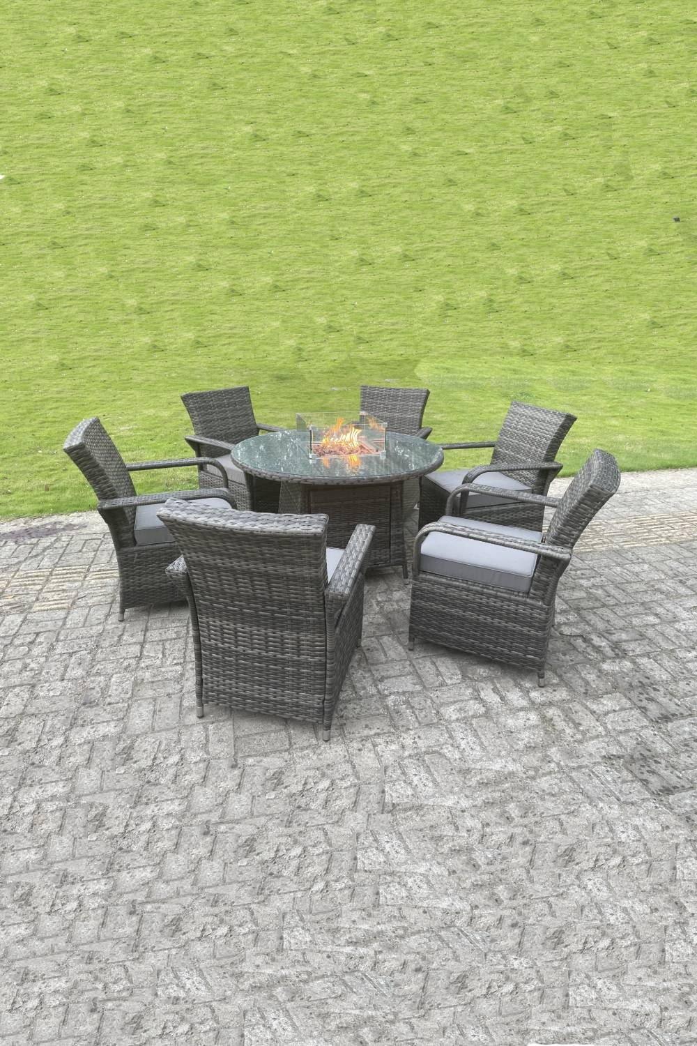 Rattan Gas Fire Pit Round Dining Table And Dining Chairs